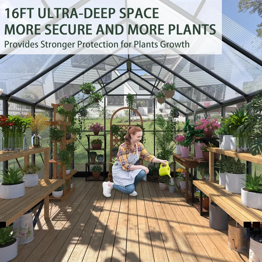 greenhouses for outdoors, 8x16 ft polycarbonate greenhouses with 4 adjustable roof vents, walk-in aluminum frame green houses fo - Image 4