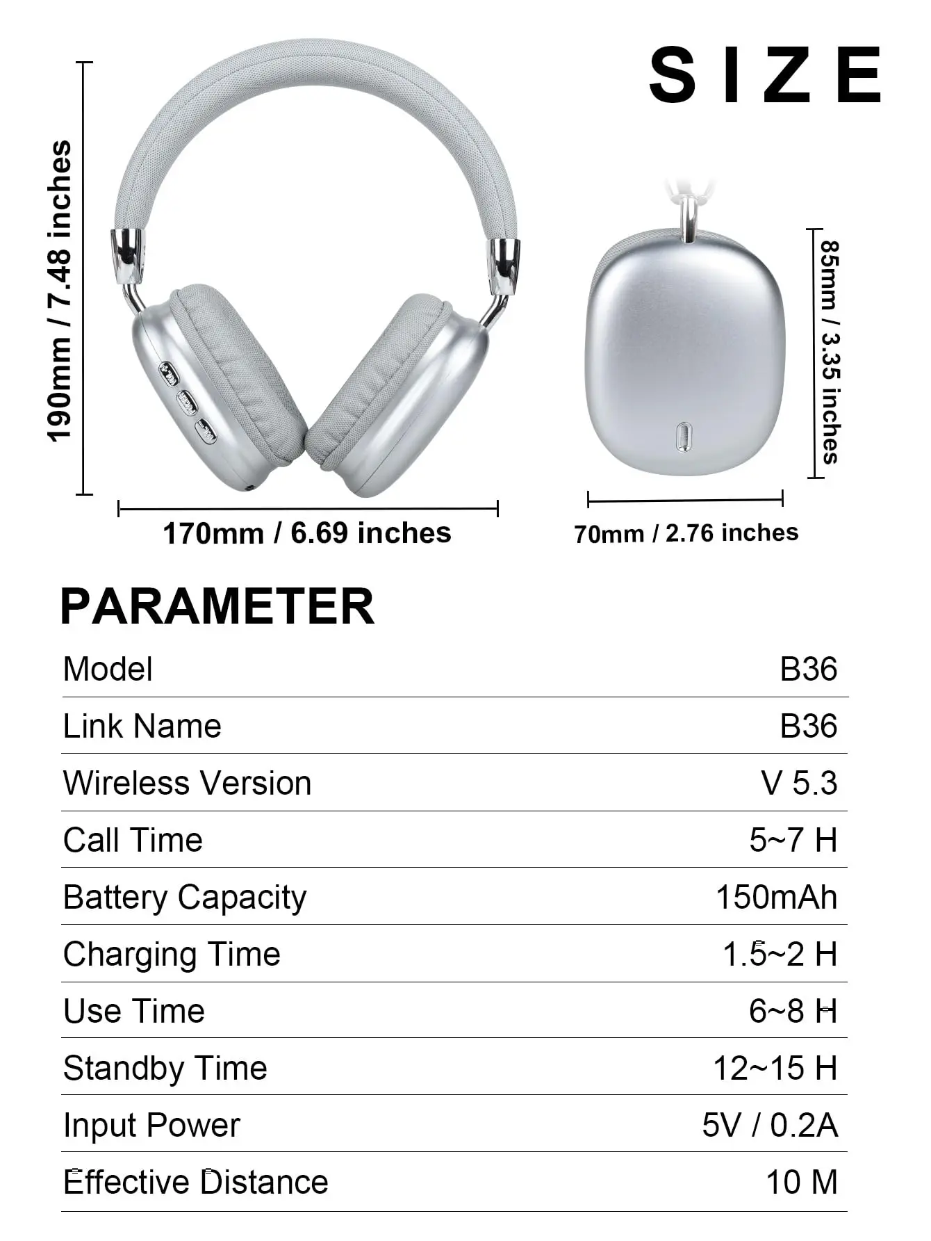 B36 Wireless Bluetooth 5.3 Over-Ear Headphones with ANC Noise Cancelling 8H Playtime Ergonomic Design HD Microphone Foldable - Image 2
