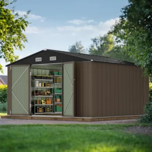 10 x 10 FT Outdoor Storage Shed, Large Metal Garden Shed & Tool Sheds for Backyard Garden Patio Lawn (Brown)