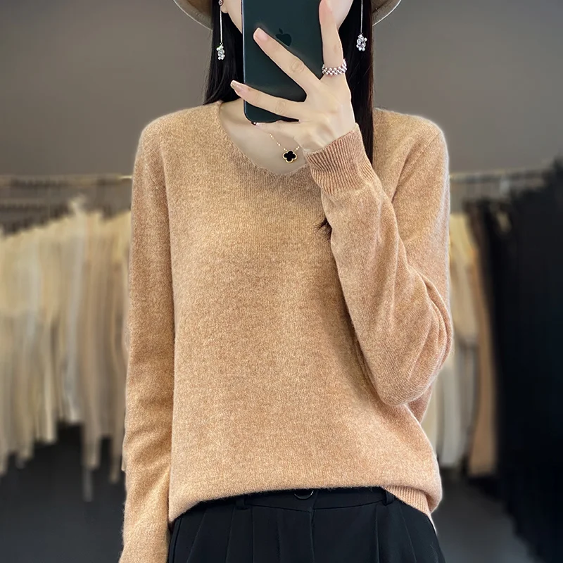 Women 100% Merino Wool Sweater V-Neck Basic Pullover Autumn Winter Cashmere Clothing Long Sleeve Soft Knitwear Tops Solid Color - Image 22