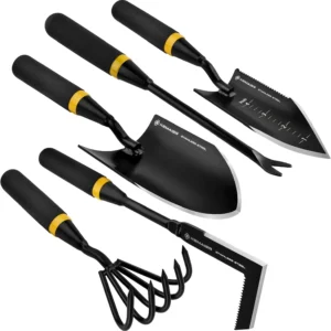 Garden Tool Set - Featuring a Heavy-Duty Stainless Steel Hand Cultivator, Transplant Shovel, Trowel, Crack Weeder,