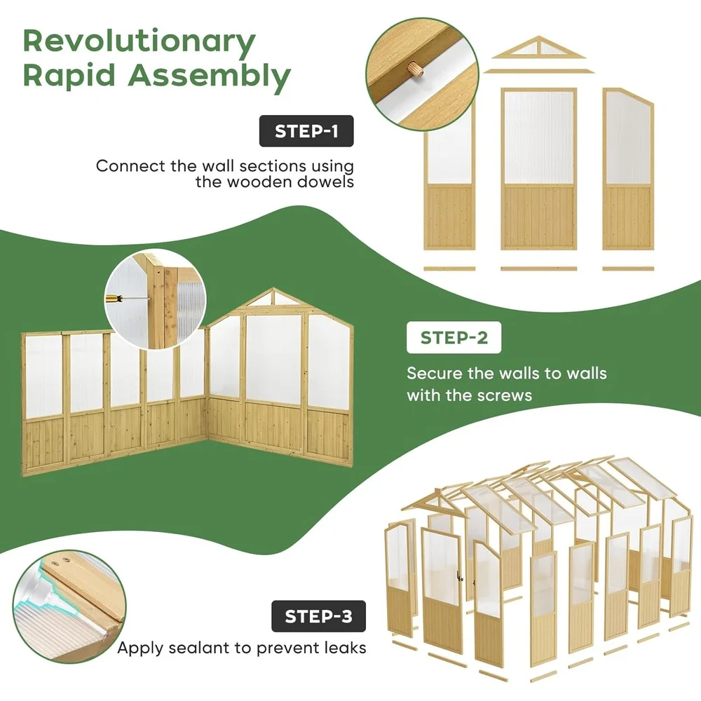 Wooden Greenhouse Garden Wood Green House, 6x8 FT Reinforced Fir Wood Structure Polycarbonate Walk-in Greenhouses Kit ,Safety Ve - Image 5