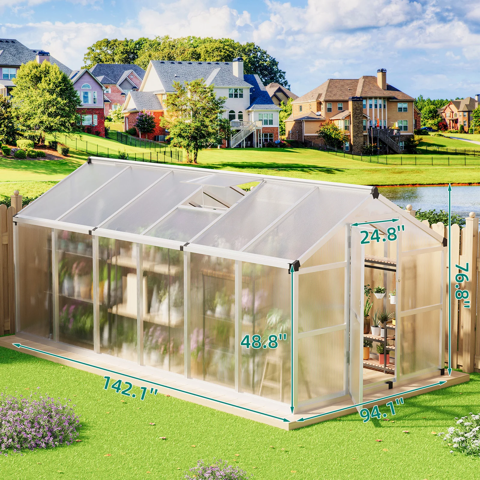 8x12 FT Greenhouse for Outdoors, Walk-in Green Houses, Large Aluminum Greenhouses with Roof Vent and Quick Setup Structure - Image 4