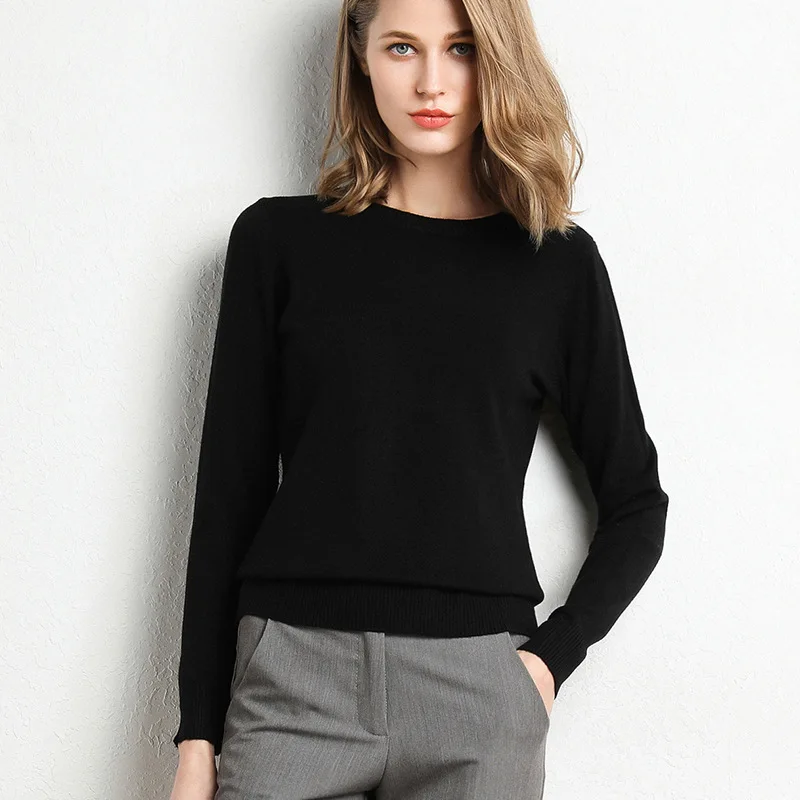 Women Slim O-Neck Solid Pullover Cashmere Wool Blending Sweater Autumn And Winter Long-Sleeved Knit Bottoming Shirt Large Size - Image 3