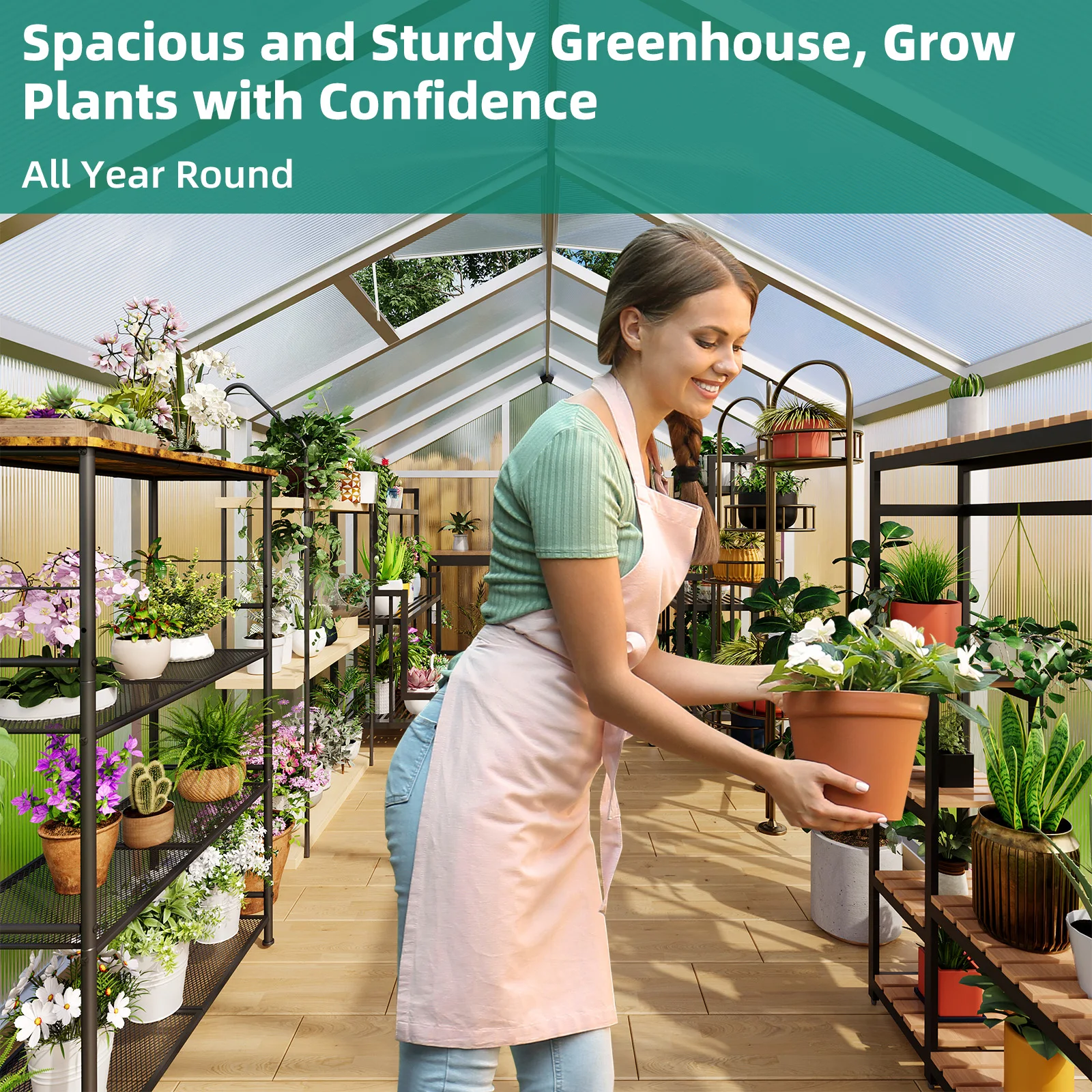 8x12 FT Greenhouse for Outdoors, Walk-in Green Houses, Large Aluminum Greenhouses with Roof Vent and Quick Setup Structure - Image 6