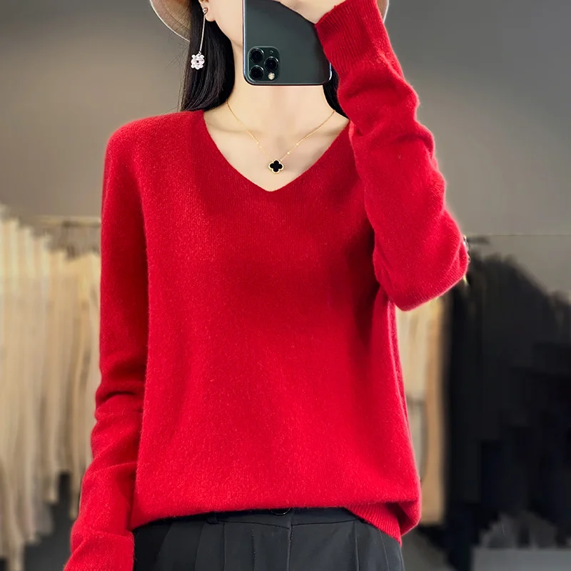 Women 100% Merino Wool Sweater V-Neck Basic Pullover Autumn Winter Cashmere Clothing Long Sleeve Soft Knitwear Tops Solid Color - Image 8