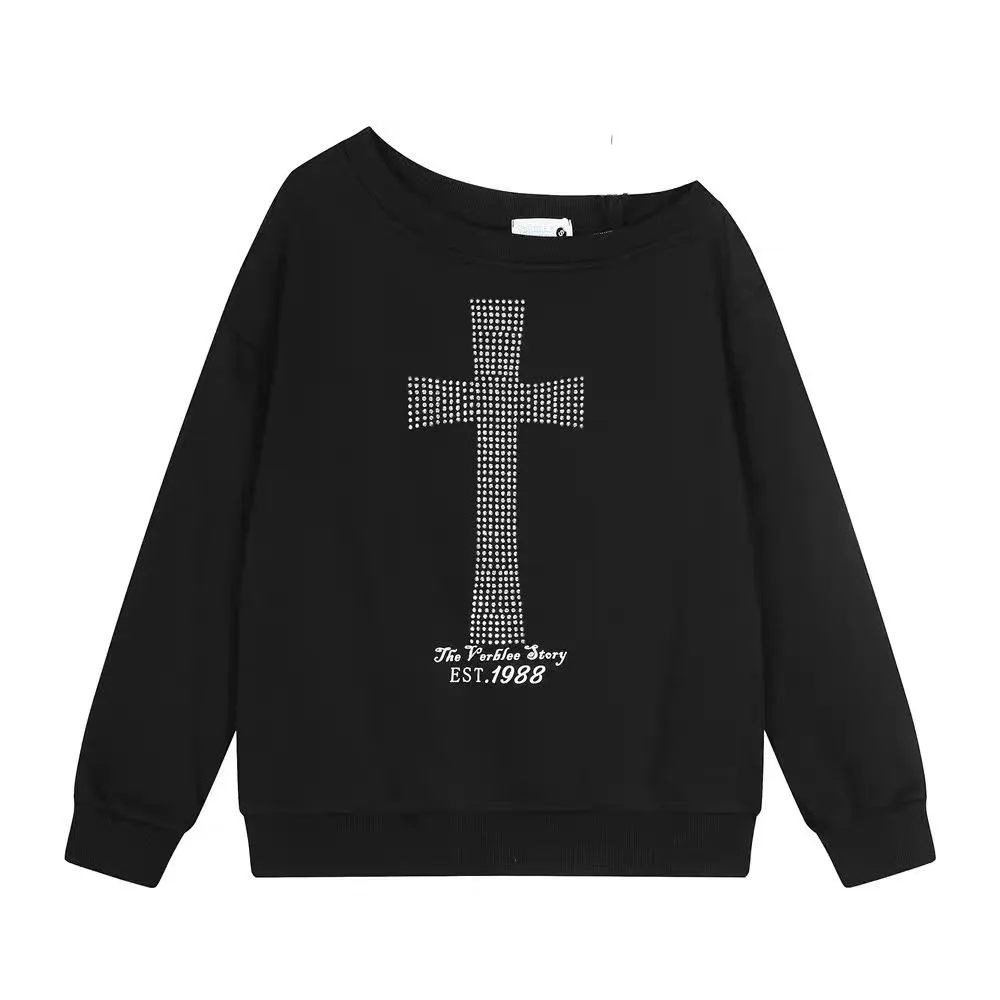 Seeslim Cross One-shoulder Graphic Hoodies Long Sleeve Black Women's Sweatshirts Harajuku Grunge 2000s Clothes Y2k Autumn Tops - Image 6