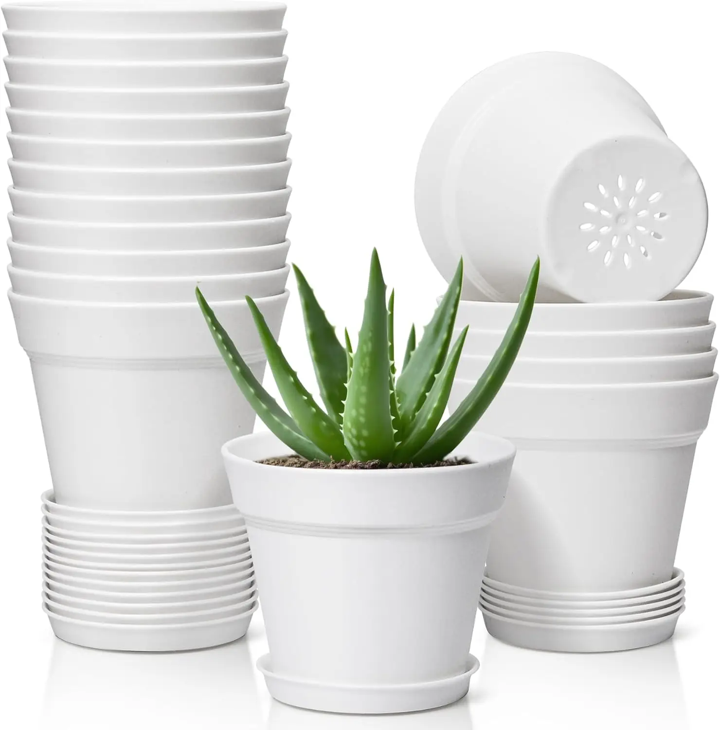 18-Pack 5 Inch Plant Pots with Saucers, Durable Plastic Flower Pots for Succulents, Indoor Plants, and Home Decor (White)