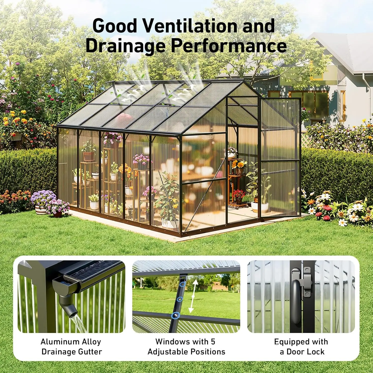 8x10FT Greenhouse Kits with Hygrometer, Polycarbonate Green Houses for Outside Heavy Duty with Aluminum Frame, Customized - Image 5