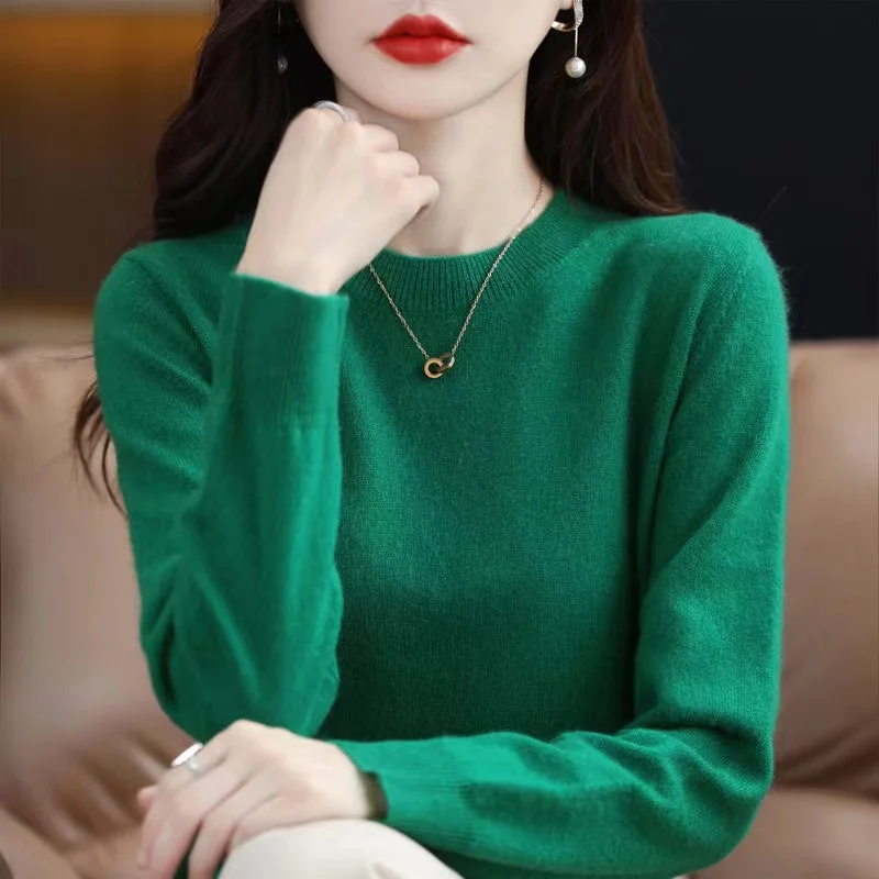 Women Slim O-Neck Solid Pullover Cashmere Wool Blending Sweater Autumn And Winter Long-Sleeved Knit Bottoming Shirt Large Size - Image 12
