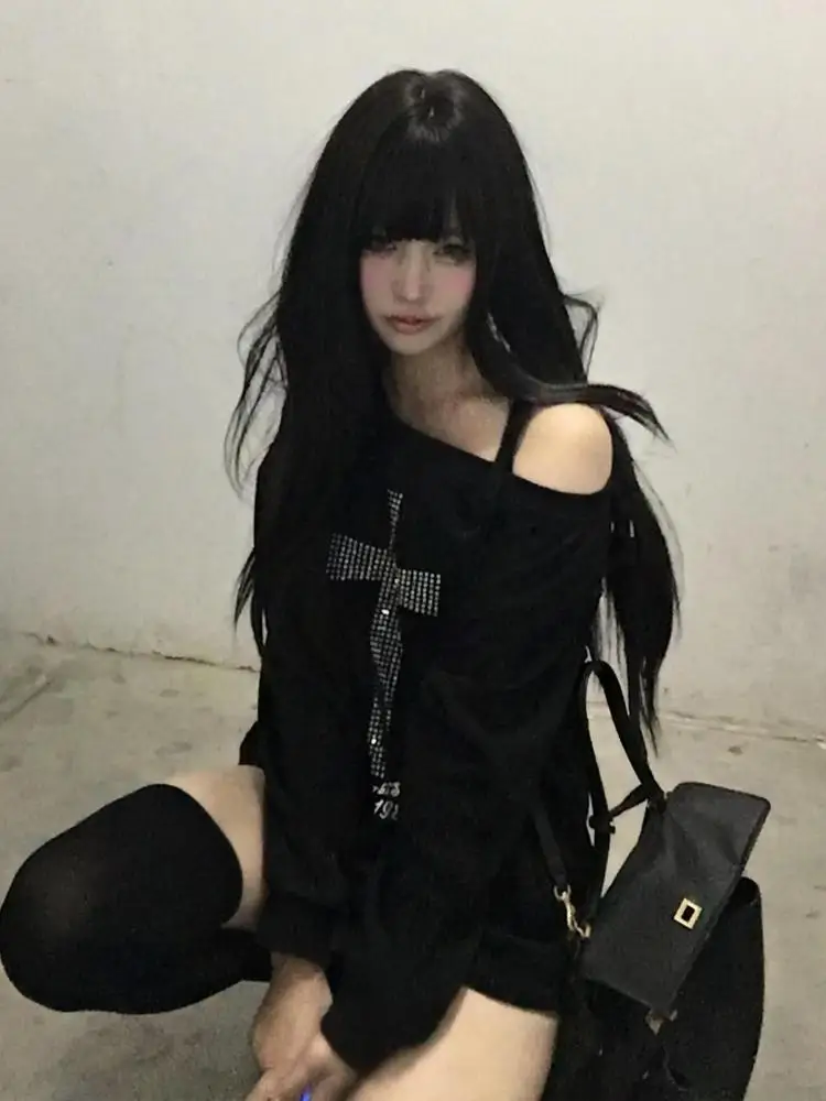 Seeslim Cross One-shoulder Graphic Hoodies Long Sleeve Black Women's Sweatshirts Harajuku Grunge 2000s Clothes Y2k Autumn Tops - Image 3