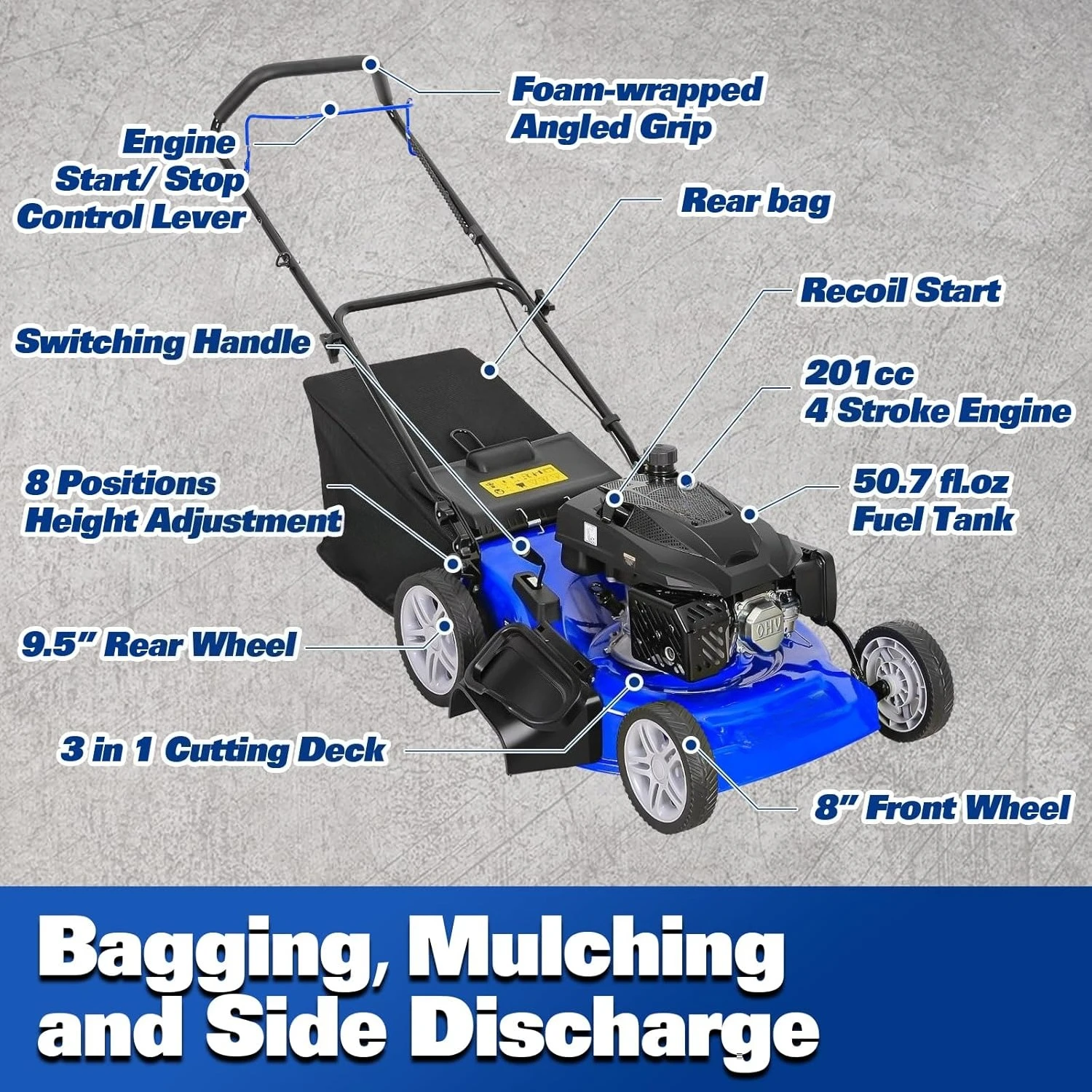 21 Inch 201cc 4-Cycle Engine Push Lawn Mower, 3-in-1 Gas Lawn Mower with Bagging, Mulching and Side Discharge, Easy, Customized - Image 5
