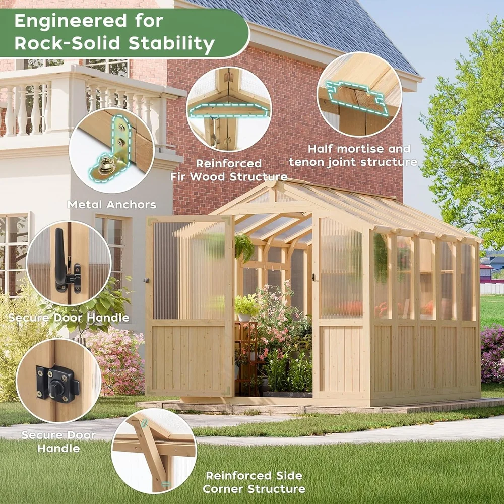 Wooden Greenhouse Garden Wood Green House, 6x8 FT Reinforced Fir Wood Structure Polycarbonate Walk-in Greenhouses Kit ,Safety Ve - Image 3