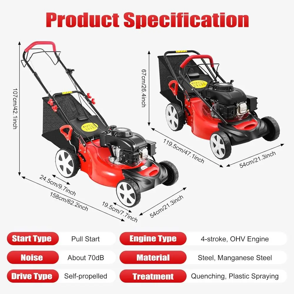 21 140CC 4-Wheel Drive Variable Speed 3-in-1 Gas Lawn Mower with 60L Bag and 8-Position Height Adjustment - Image 2