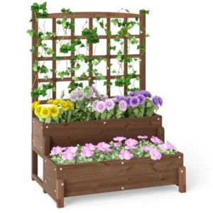 2-Tier Wooden Elevated Garden Bed with Trellis and Drainage Holes for Climbing Plants Outdoor Planter Box in Brown for Patio Ba