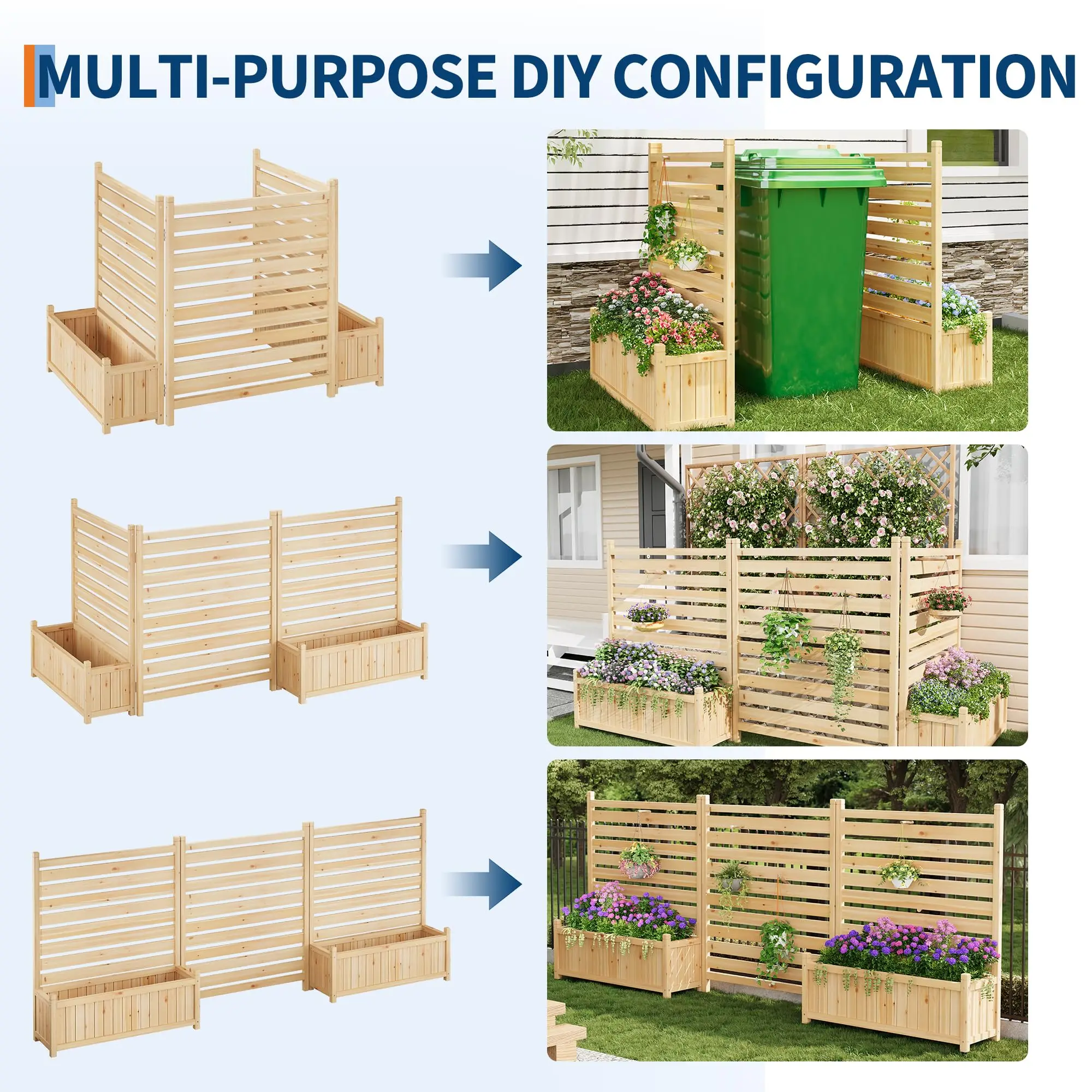 Planter with Trellis, Wooden Raised Bed, Outdoor Planter Box Privacy Fence Panels for Patio Balcony Trash Can to Grow Vegetables - Image 3