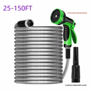 25/50/75/100/150FT Stainless Steel Flexible Garden Water Hose With 2X Spray Nozzle Gun Garden Watering Car Washing Pet Cleaning