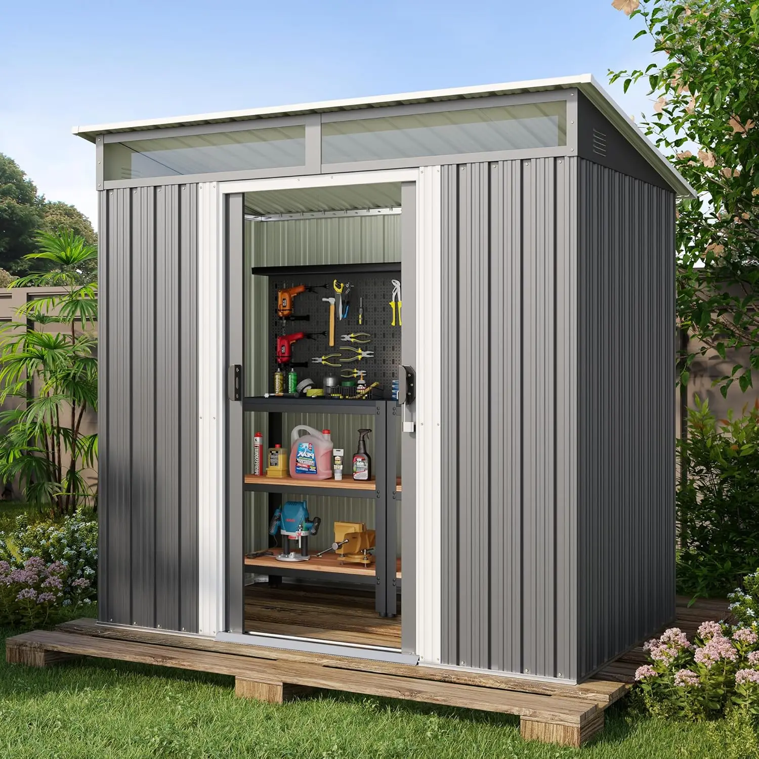 6'x4' Outdoor Storage Shed Metal Garden Shed with Sliding Lockable Doors, Versatile Tool Bike Shed with Transparent, Customized - Image 2