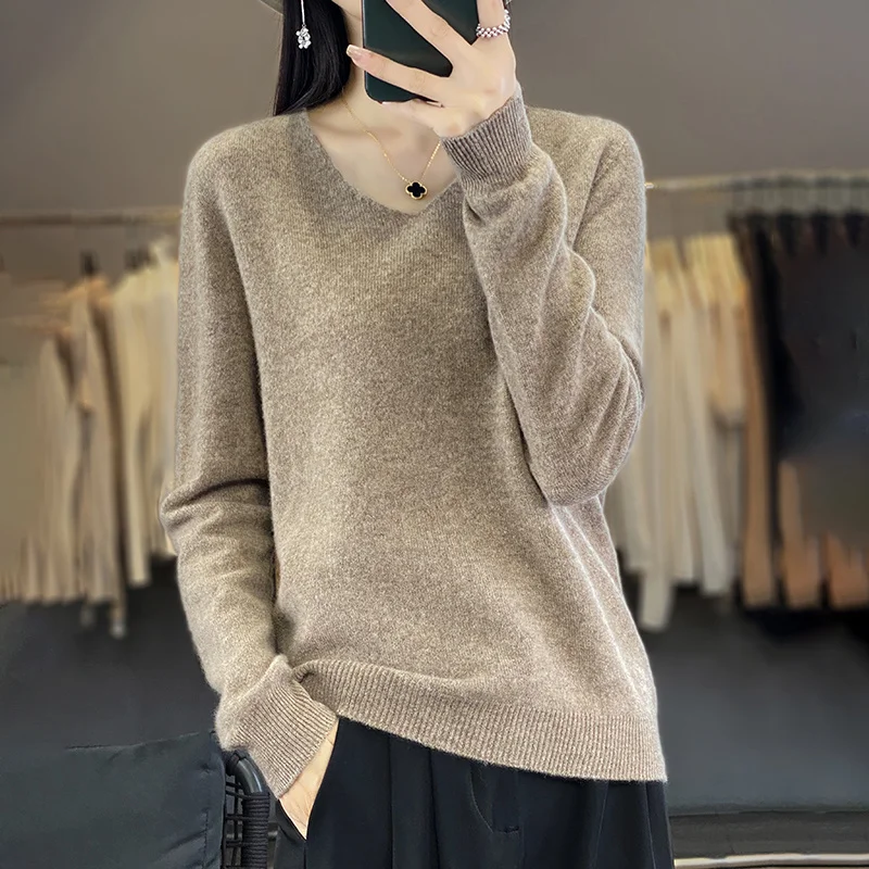 Women 100% Merino Wool Sweater V-Neck Basic Pullover Autumn Winter Cashmere Clothing Long Sleeve Soft Knitwear Tops Solid Color - Image 20