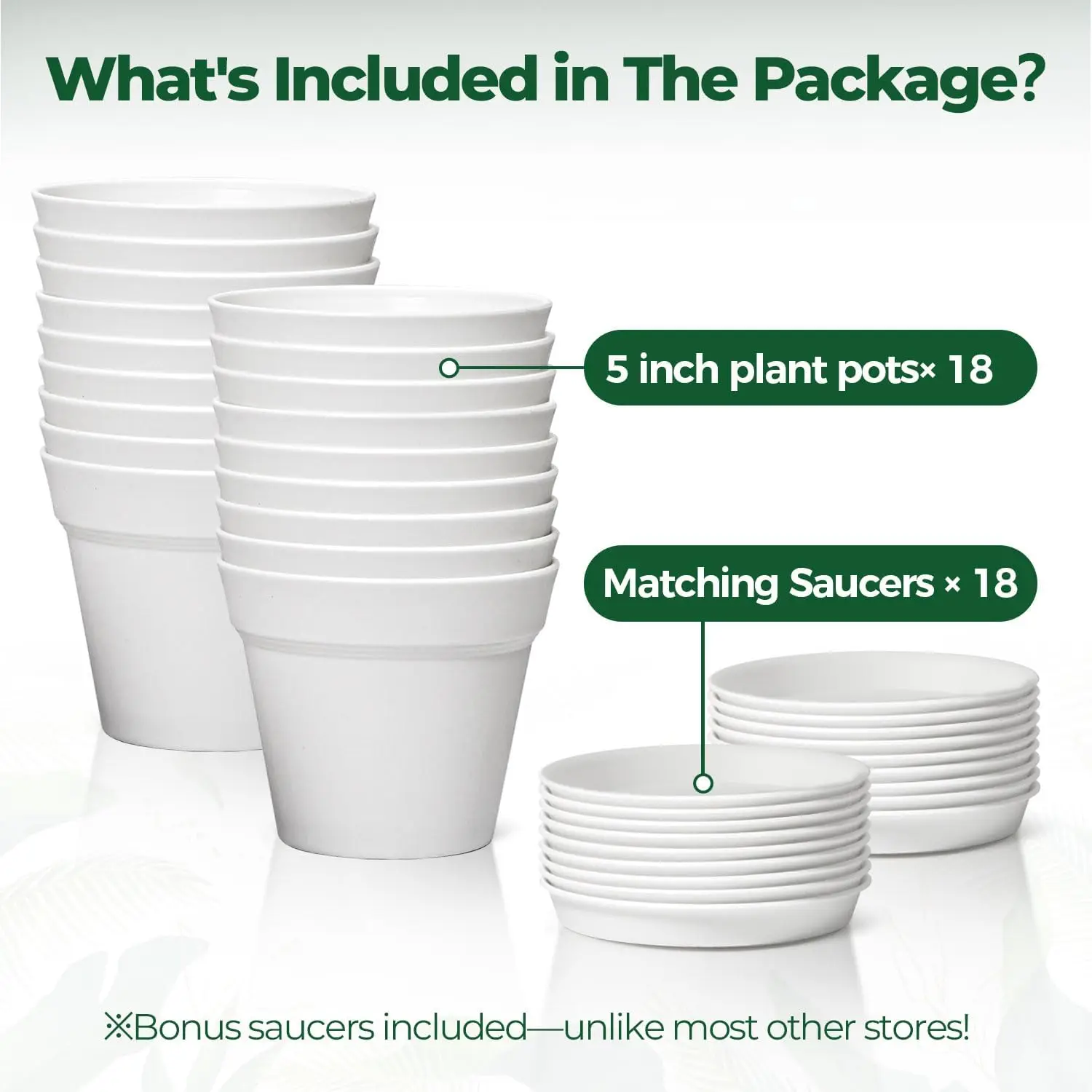 18-Pack 5 Inch Plant Pots with Saucers, Durable Plastic Flower Pots for Succulents, Indoor Plants, and Home Decor (White) - Image 6