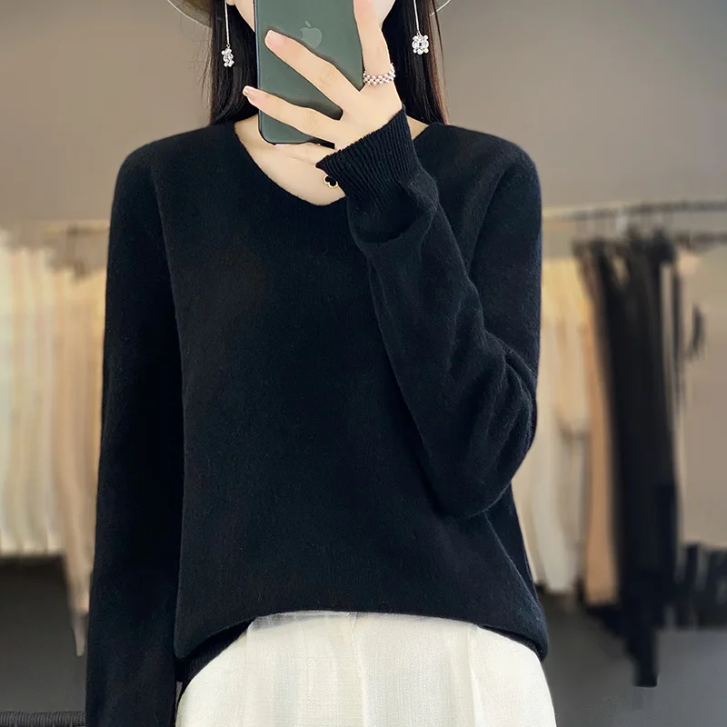 Women 100% Merino Wool Sweater V-Neck Basic Pullover Autumn Winter Cashmere Clothing Long Sleeve Soft Knitwear Tops Solid Color - Image 10